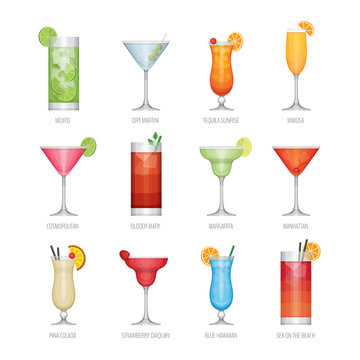 Flat icons set of popular alcohol cocktail. Flat design style, v