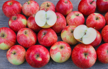 Sweet fresh ripe red apple harvest background