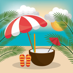 coconut cocktail and colorful flip flops over beach background. vector illustration