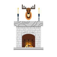 Fireplace with deer heard, candle. Fire warm, Cozy Home interior - flat vector illustration.
