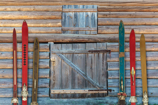 Collection of vintage wooden weathered ski's