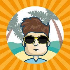 Fototapeta na wymiar avatar man wearing sunglasses inside of beach circle and over yellow and orange striped background. vector illustration