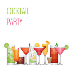 Cocktail party card. Cocktail bar flyer. Flat design style, vect