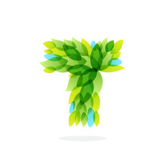 T letter logo formed by watercolor fresh green leaves.