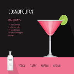 Glass of cocktail сosmopolitan on black background. Cocktail me