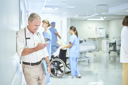Senior doctor reading smartphone message in hospital ward