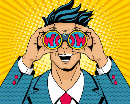Wow pop art man. Young surprised man in suit with open smile holding binoculars in his hands with inscription wow in reflection. Vector illustration in retro comic style. Colorful pop art background.