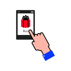 Buying gift on the internet through the phone. Vector Linear flat