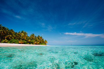tropical beach against blue sky, vacation concept