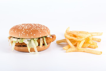 Chicken burgers and french fries on a white background