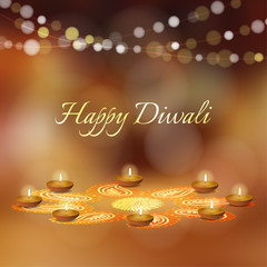 Happy Diwali greeting card, invitation. Indian Festival of lights. Diya oil lit lamps and rangoli floral ornament. Vector