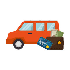 money wallet accessory and credit card with van vehicle  icon over white background. vector illustration