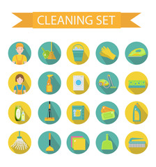 Fototapeta premium Set of icons for cleaning tools. House cleaning staff. Flat design style. Cleaning design elements. Vector illustration