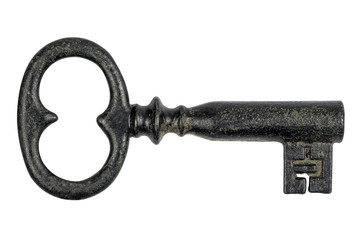 Single old key isolated on white background