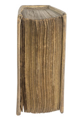 Old book upright standing on white