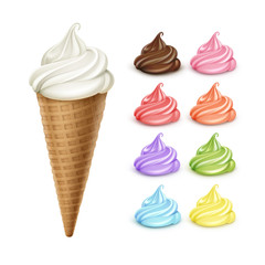 Set of Colored White Brown Pink Orange Red Green Violet Blue Yellow Ice Cream Waffle Cone on Background