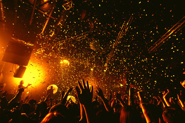 Fototapeta na wymiar night club party festival dj with crowd of people