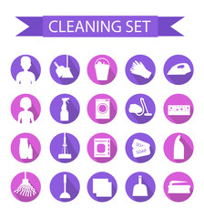 Set of icons for cleaning tools. House cleaning. Cleaning supplies. Flat design style. Cleaning design elements. Vector illustration