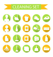 Set of icons for cleaning tools. House cleaning. Cleaning supplies. Flat design style. Cleaning design elements. Vector illustration