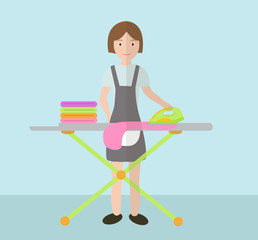 A woman irons clothes. Ironing board and iron. Vector illustration