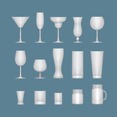 Set of different alcohol empty glasses. Glass icon set. Flat des