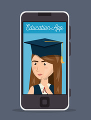 smartphone device and avatar woman with graduation cat. education app design. vector illustration 