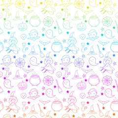 Halloween seamless pattern. Pumpkin, Ghosts, Cats, Bats and other symbols.