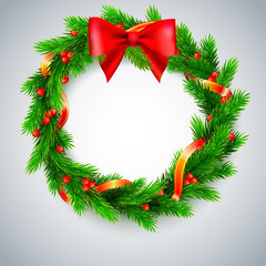 Fototapeta na wymiar Christmas wreath, fir branches, red berries and bow, golden ribbon