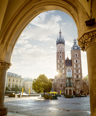 Fototapeta Historic Krakow Market Square and St. Mary's church in the Morni obraz