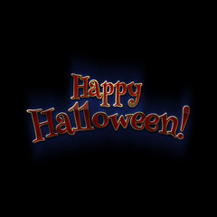 Happy Halloween phrase on the dark blue background. Halloween banner with place for your text or pictures. 3d illustration with letters from golden metal and red glass and enamel. Design template.