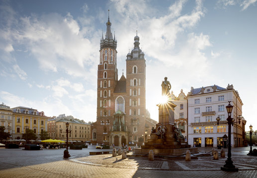 Fototapeta Panorama of old city center with Adam Mickiewicz monument and St