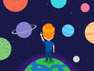 Fototapeta na wymiar Vector Illustration of a Kid Boy standing on Earth looking at the Planets
