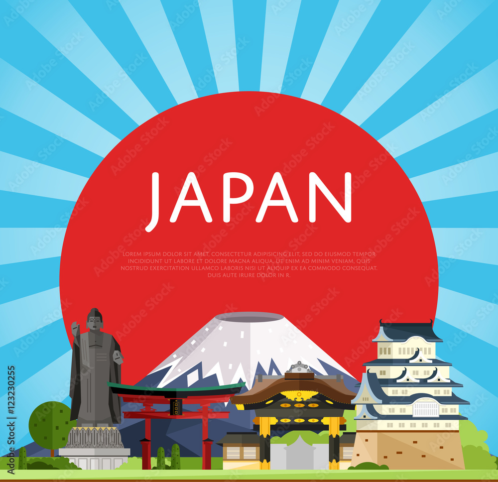 Wall mural Japan travel poster with torii gate, fujiyama, buddha statue and ancient temples, vector illustration. Famous attractions on background of red sun circle. Worldwide traveling. Japanese culture