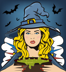 Halloween witch with bucket of boiling green liquid. Witch's brew. Vector halloween illustration.