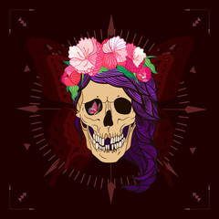 old skull of a woman with flowers on her head , a butterfly , vector art