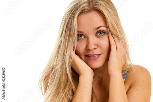 "Portrait of beautiful young woman on a white background" Stock photo