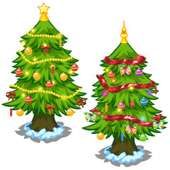 Two Christmas tree with toys on a white background