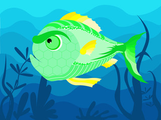 Obraz na płótnie Canvas Decorative green fish on the background of the seafloor