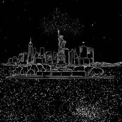 NYC and Liberty Stature on Island by Night Sketch