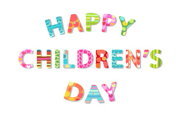 Cute Children's Day banner with phrase Happy Children's Day as colorful letters with hand drawn childish prints