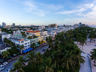 Fototapeta na wymiar Aerial view of illuminated Ocean Drive and South beach, Miami, Florida, USA