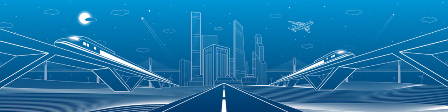 Infrastructure panorama. Highway, two trains traveling on bridges, business center, architecture and urban, neon city, white lines composition on blue background, vector design art