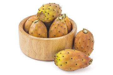 Prickly pears in wooden bowl, opuntia, indian fig, ficus-indica fruit isolated on a white background