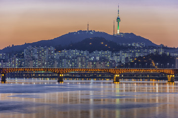 View of downtown and seoul tower in korea