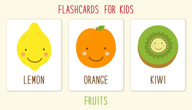 Useful flashcards for kids education as cute hand drawn smiling cartoon characters of fruits