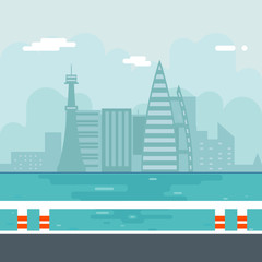 River Water Sea Modern City Background Flat Design Vector Illustration