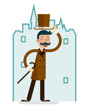 Greeting Great Britain Victorian Gentleman Businessman Character English City Background Flat Design Vector Illustration