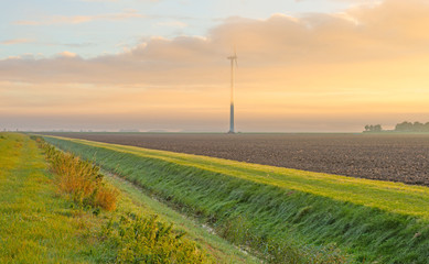 Fototapeta na wymiar Wind turbine in a foggy field at sunrise