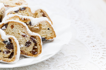 Christmas Stollen with marzipan and white background for text