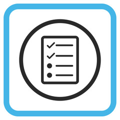 Checklist Page blue and gray vector icon. Image style is a flat icon symbol inside a rounded square frame on a white background.